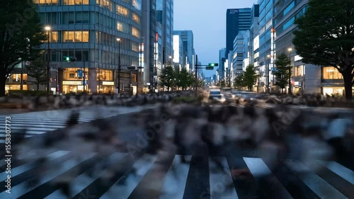 Crowded Crosswalk in Tokyo's Bustling Downtown Evening Scene