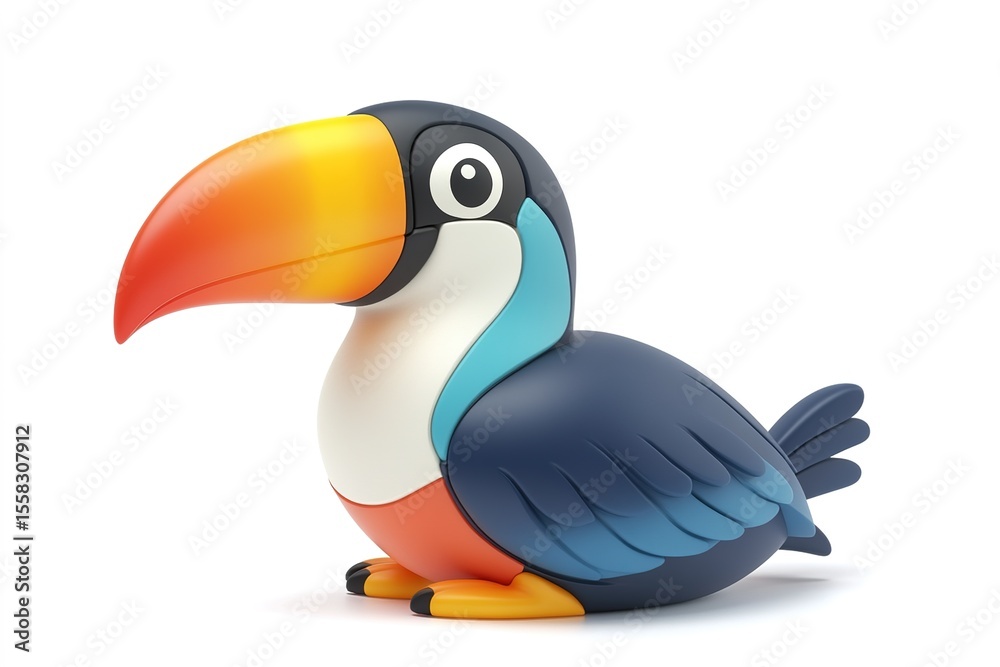 Naklejka premium Colorful 3D cartoon-style illustration of toucan tropical bird, isolated on a white background