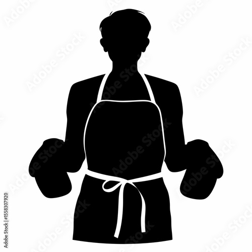 Silhouette of a person wearing an apron and oven mitts standing in a kitchen ready to bake something