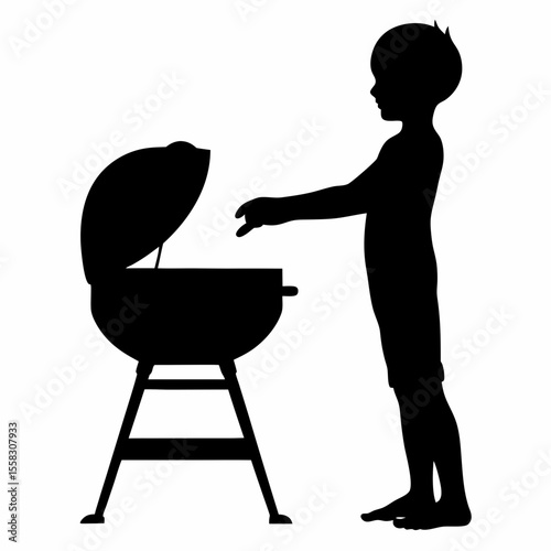 Silhouette of a boy standing next to an open barbecue grill on a white background in full view image