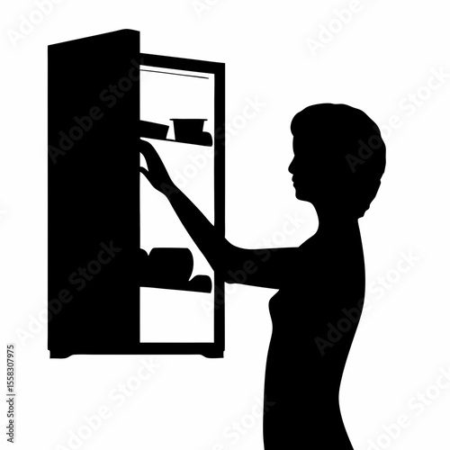 Silhouette of woman reaching into open refrigerator with food containers on shelves in monochrome image