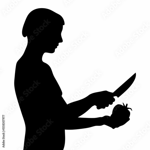 Silhouette of a person peeling an apple with a knife in their hand against a white colored background image
