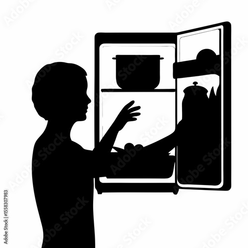 Silhouette of person reaching into an open refrigerator with food and pot on shelves inside the fridge