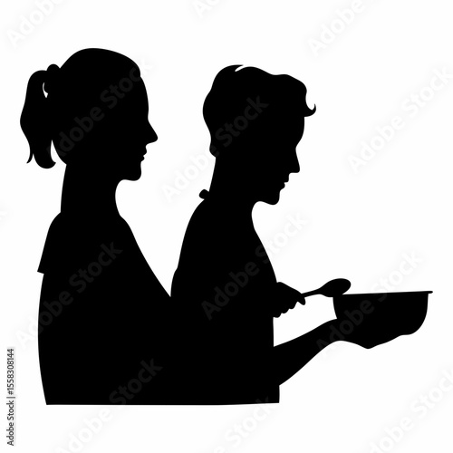 Silhouette of two people one with a ponytail and the other holding a bowl and spoon in black and white