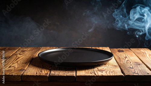 Empty space with empty round plates on a rough wooden table against a black background.