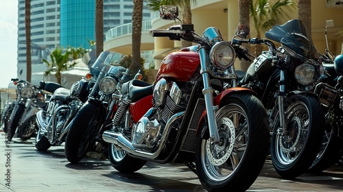 A row of gleaming motorcycles parked outdoors, near palm trees and a modern building, basking in bright sunlight