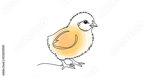 Cute chick - one line doodle drawing with watercolor fill, minimalistic vector illustration on white background