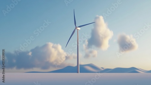 Wallpaper Mural A single wind turbine stands in a snowy landscape under a partly cloudy sky, generating clean energy against a mountain backdrop Torontodigital.ca