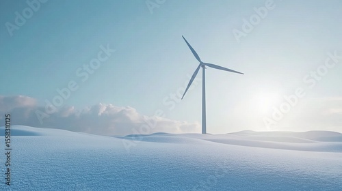Wallpaper Mural A single wind turbine stands tall in a serene, snow-covered landscape under a clear sky. The sun shines brightly, casting a soft glow Torontodigital.ca