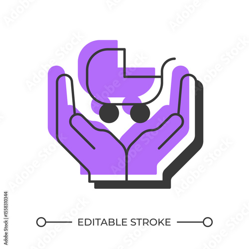 Baby stroller care offset shadow line icon. Family benefits. Responsibility, support. Motherhood, maternity. Bold outline symbol with solid purple fill. Modern flat illustration. Editable stroke
