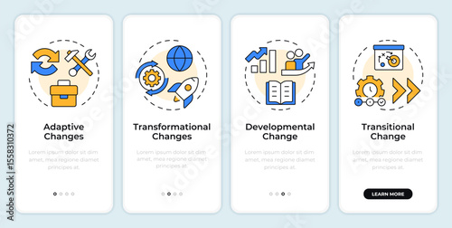 Types of organizational change onboarding mobile app screen. Walkthrough 4 steps editable graphic instructions with linear concepts. UI, UX, GUI. Montserrat SemiBold, Regular fonts used
