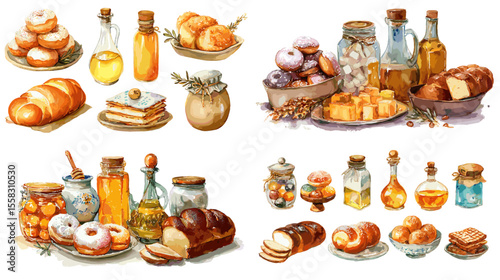Delicious set of traditional food ingredients like bread, honey, oil, and preserves in watercolor. Great for culinary themes, packaging, and kitchen decor.

