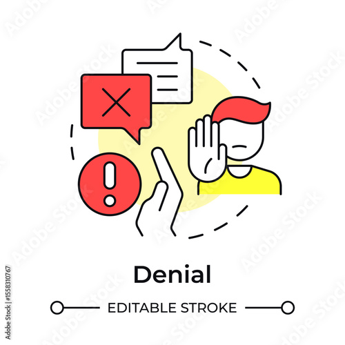 Denial multi color concept icon. Initial reaction to change. Refuse to believe and acknowledge. Five stages of grief. Round shape line illustration. Abstract idea. Graphic design. Easy to use