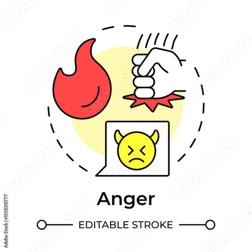 Anger multi color concept icon. Frustration, resentment and hostility. Five stages of grief. Organizational change management. Round shape line illustration. Abstract idea. Graphic design. Easy to use
