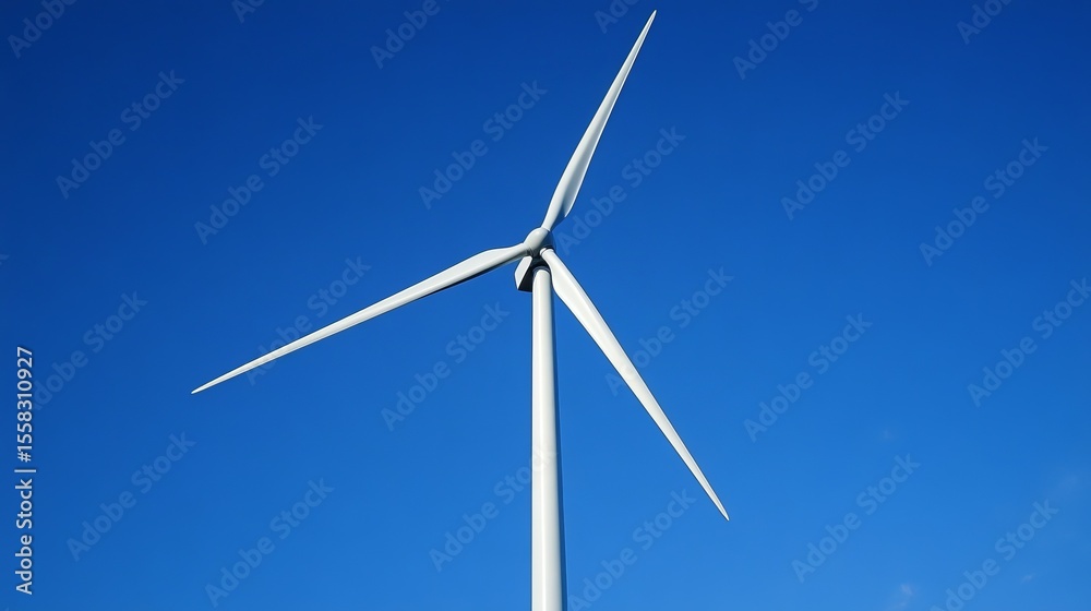 A three-bladed wind turbine against a vivid blue sky, showcasing clean energy technology A three-bladed wind turbine against a vivid blue sky, showcasing clean energy technology