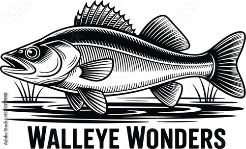 Illustration of a walleye fish with detailed fins and water ripples