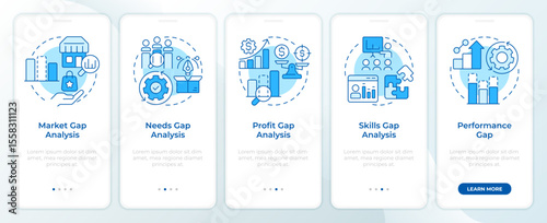 Types of gap analysis blue onboarding mobile app screen. Data research. Walkthrough 5 steps editable graphic instructions with linear concepts. UI, UX, GUI. Montserrat SemiBold, Regular fonts used