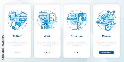 Nadler Tushman congruence framework blue onboarding mobile app screen. Walkthrough 4 steps editable graphic instructions with linear concepts. UI, UX, GUI. Montserrat SemiBold, Regular fonts used