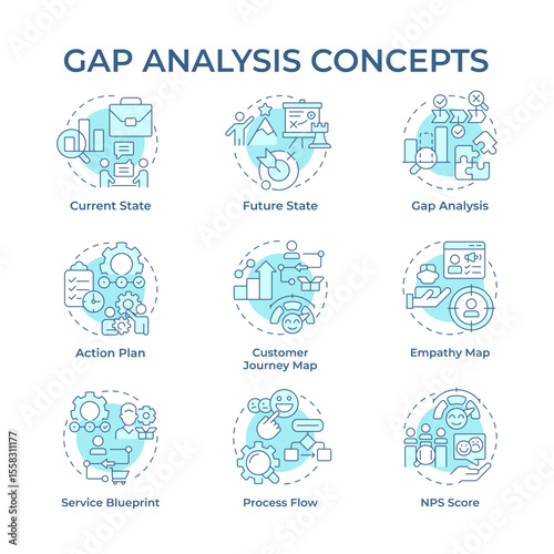 Gap analysis soft blue concept icons. Difference between current and desired performance. Organization change. Icon pack. Vector images. Round shape illustrations for presentation. Abstract idea