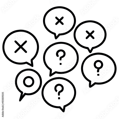 Black and white speech bubbles: questions and wrong answers concept