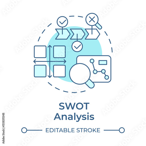 SWOT analysis soft blue concept icon. Strengths, weaknesses, opportunities and threats. Gap evaluation tool. Round shape line illustration. Abstract idea. Graphic design. Easy to use in blog post