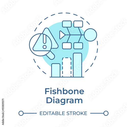 Fishbone diagram soft blue concept icon. Identify root causes of problem. Gap analysis tool. Business data. Round shape line illustration. Abstract idea. Graphic design. Easy to use in blog post