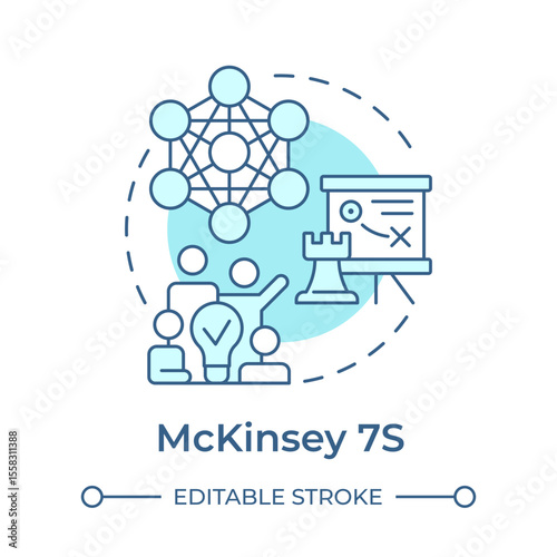 McKinsey 7S soft blue concept icon. Diagnostic framework for evaluating organization. Gap analysis tool. Round shape line illustration. Abstract idea. Graphic design. Easy to use in blog post