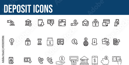 Deposit Line Icons Pack   Bank, Money, ATM, Cash, Save, Payment 