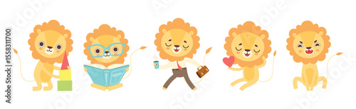 Cute Lion Character with Mane Engaged in Different Activity Vector Set