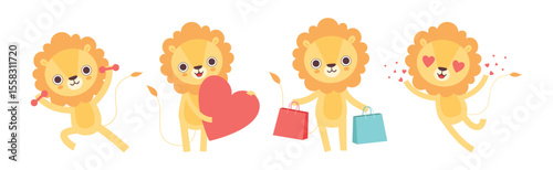 Cute Lion Character with Mane Engaged in Different Activity Vector Set