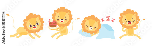Cute Lion Character with Mane Engaged in Different Activity Vector Set