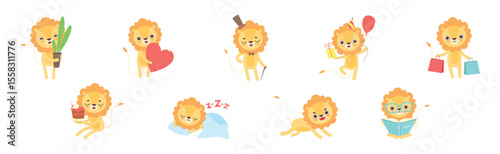 Cute Lion Character with Mane Engaged in Different Activity Vector Set