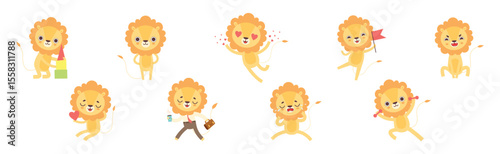 Cute Lion Character with Mane Engaged in Different Activity Vector Set