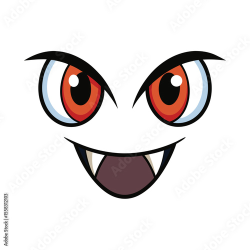 Stylized vampire eyes and fangs with sharp details on a clean white background