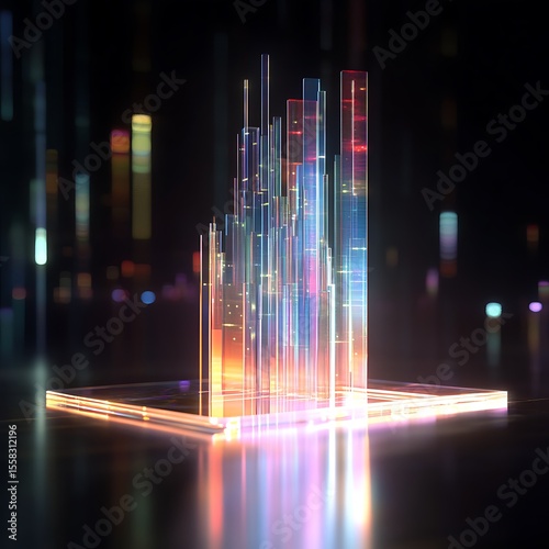 A glowing holographic structure of a business graph rising from a polished surface with light reflecting off the edges