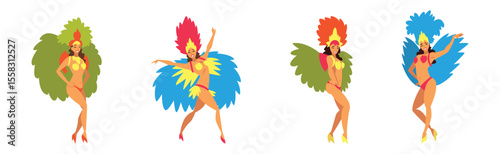 Brazilian Woman Samba Dancer in Bright Parade Feather Dress Vector Set