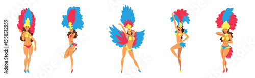 Brazilian Woman Samba Dancer in Bright Parade Feather Dress Vector Set