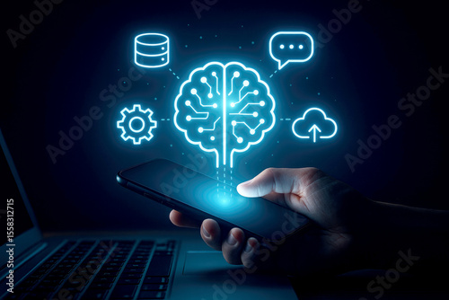Glowing Brain Network Connected to Digital Icons artificial intelligence technology photo