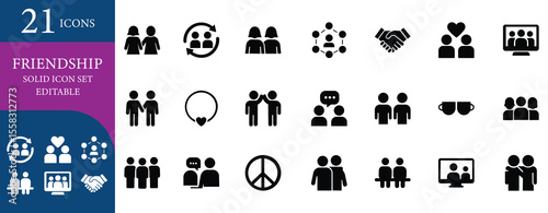 Bold solid icons of friendship, support, unity, teamwork & connection. Ideal for social apps, communities, relationships & collaboration themes