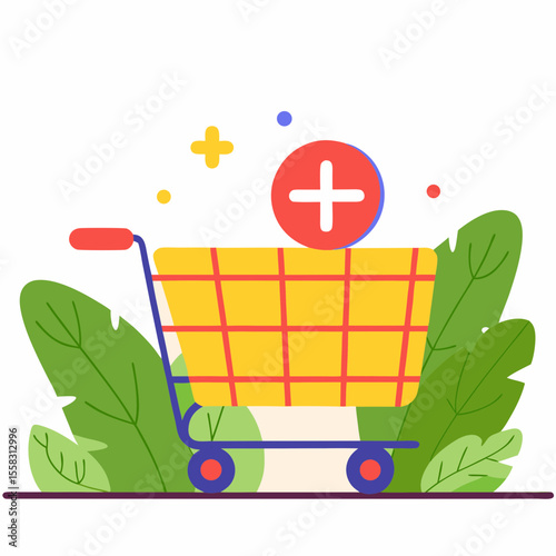 Icon of shopping cart with plus symbol representing online shopping experience, adding products to digital cart and ecommerce platform