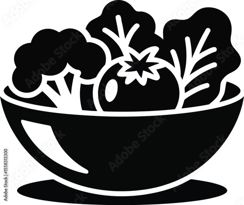 Black and white graphic of a bowl of salad with tomato and broccoli