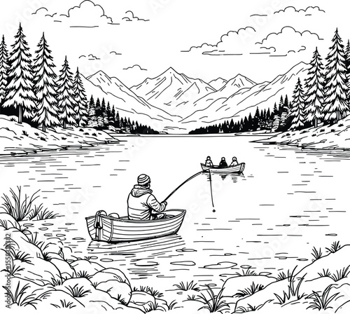 .Black-and-White Vector Illustration of Scenic Lake Fishing – 2-Boat Composition with Alpine Backdrop