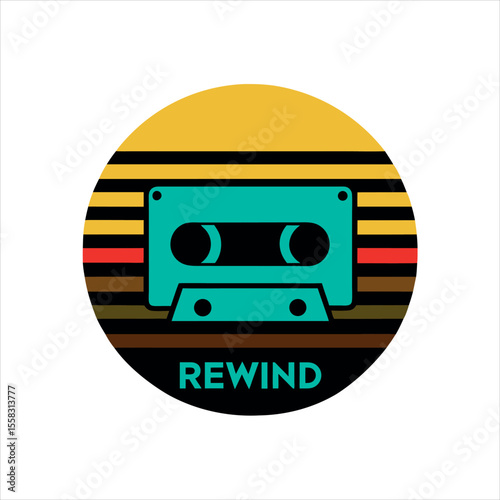 Retro Cassette Floating In Front Of Striped Sun Circle Silhouette