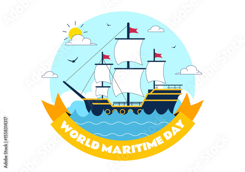 World Maritime Day Vector Illustration with Sea and Ship for Shipping Safety, Security, and Marine Environment in a Nautical Flat Background