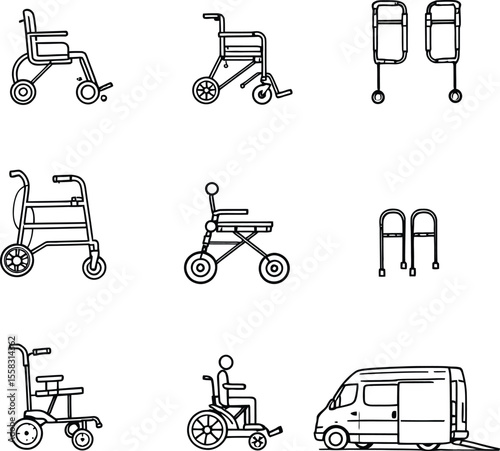 .Black-and-White Vector Illustration of Wheelchairs, Walkers & Accessibility Transport – 9-Icon Set of Mobility Aids