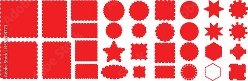 red.Geometric shapes with scallop and zigzag edges set. Zig zag edge circle, square shape collection. kalarful and raund
