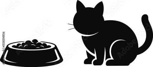 Silhouette of a cat sitting next to a bowl filled with cat food icon