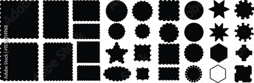 Scallop edge shapes. star. .Black  zigzag collection, Scalloped edge rectangle and ellipse shapes. sticker  scallop rounded border element set.Vector vintage.black set.Vector.set. Silhouette stickers 
