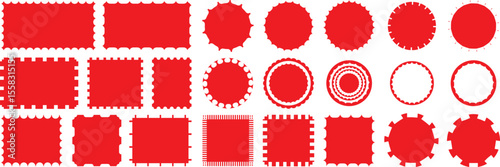 red.Geometric shapes with scallop and zigzag edges set. Zig zag edge circle, square shape collection. kalarful and raund