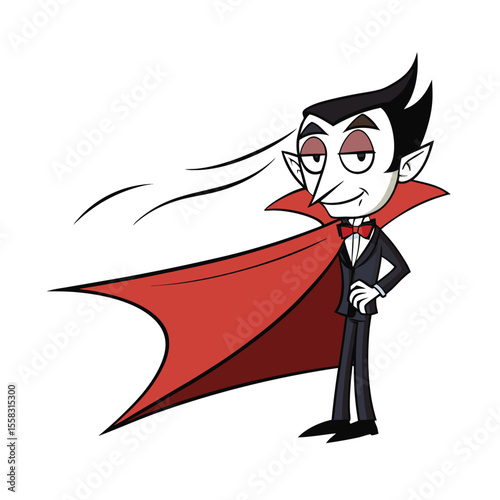 Mysterious vampire with a long flowing cloak dramatically billowing in the wind